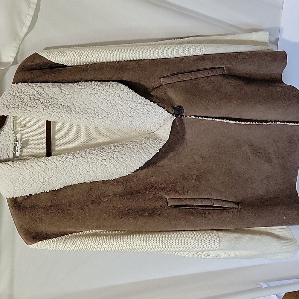 Simply Noelle Brown and Cream Sherpa-Trim Cardigan